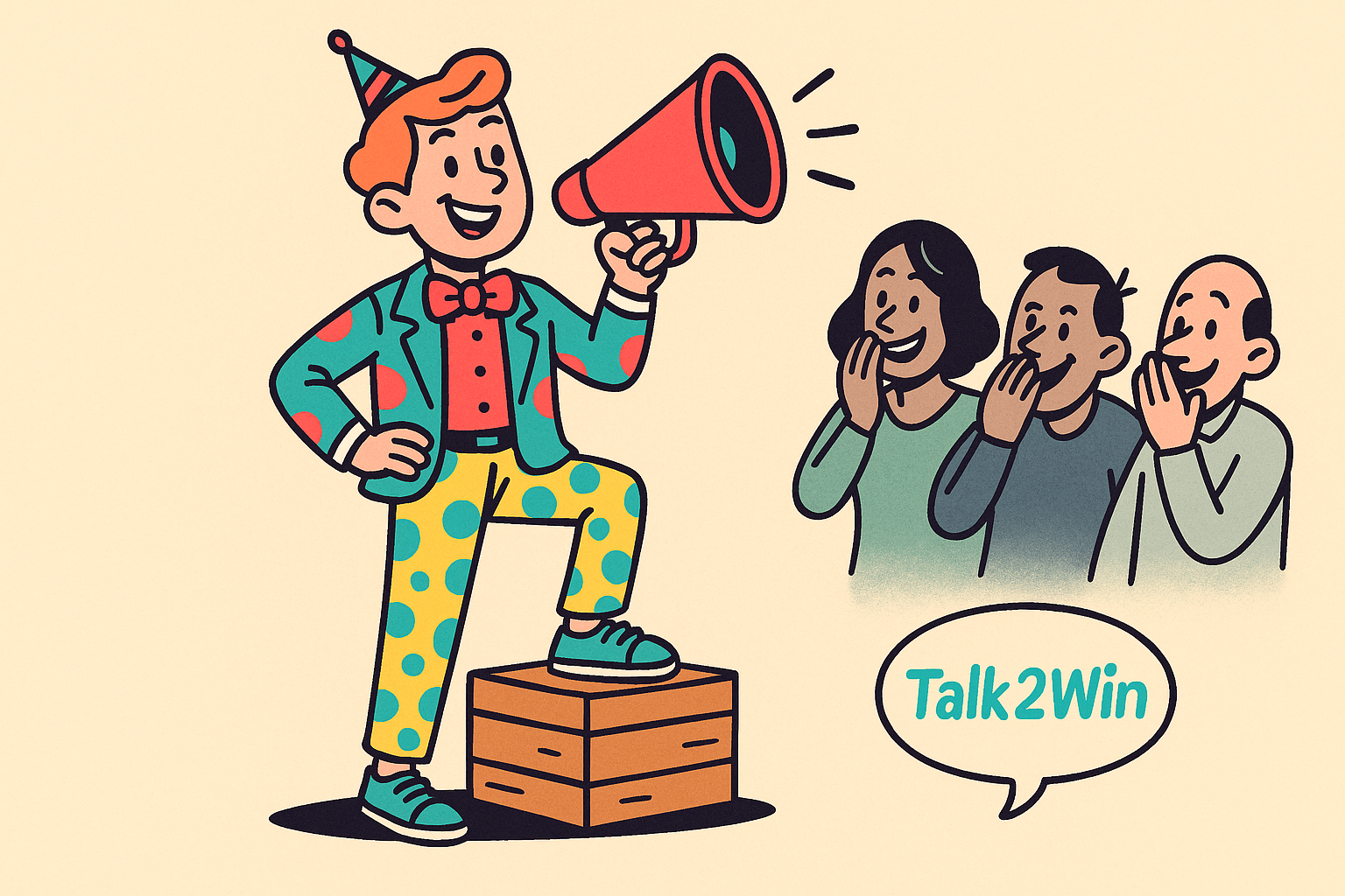 Illustration zum Talk2Win-Goodie: Die anderen lästern über deine Idee – junger Mann mit Megafon